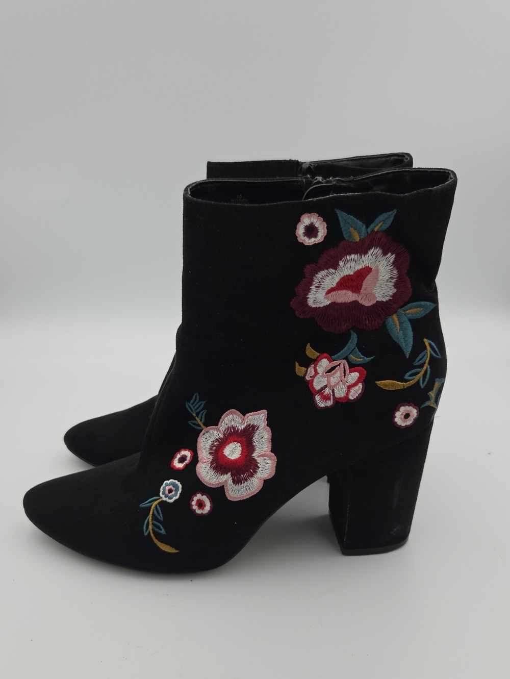 Express Black Suede Ankle Boots with Multicolor Floral Embroidery